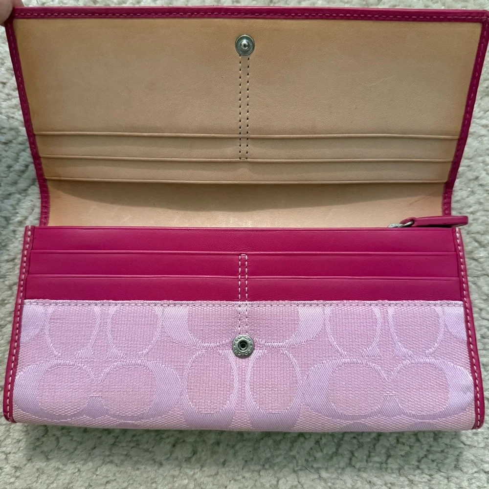 COACH Pink Signature C Monogram Canvas French Flap Bifold Wallet Suede Strap Y2K - Picture 3 of 6